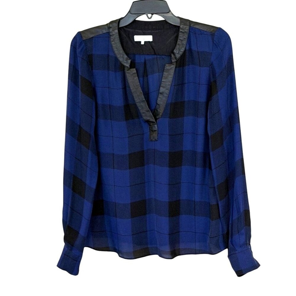 Parker Women's Silk Plaid Print Faux Leather Trim Sheer Blouse Blue Size XS